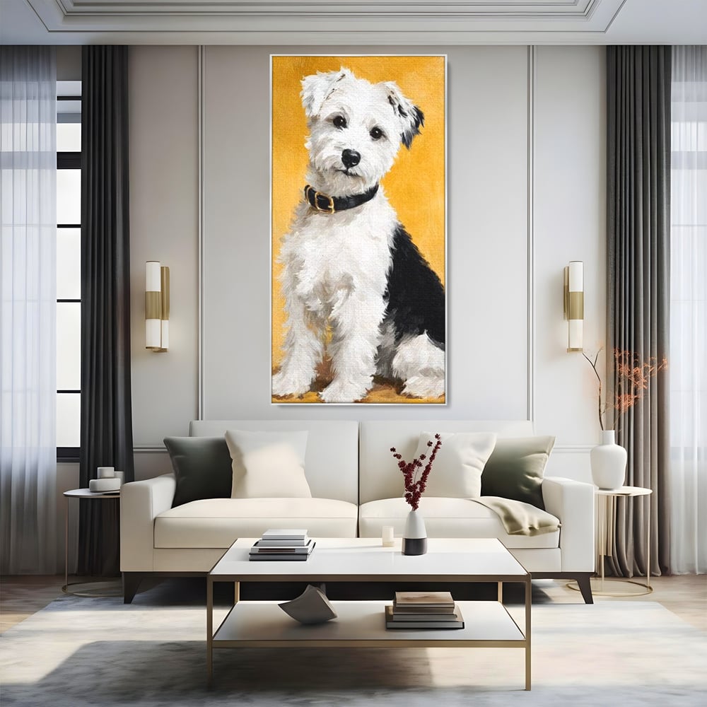 Tablou canvas cu tablou canvas cu un catel pufos, in rama de aluminiu argintiu, pe perete intr-un living